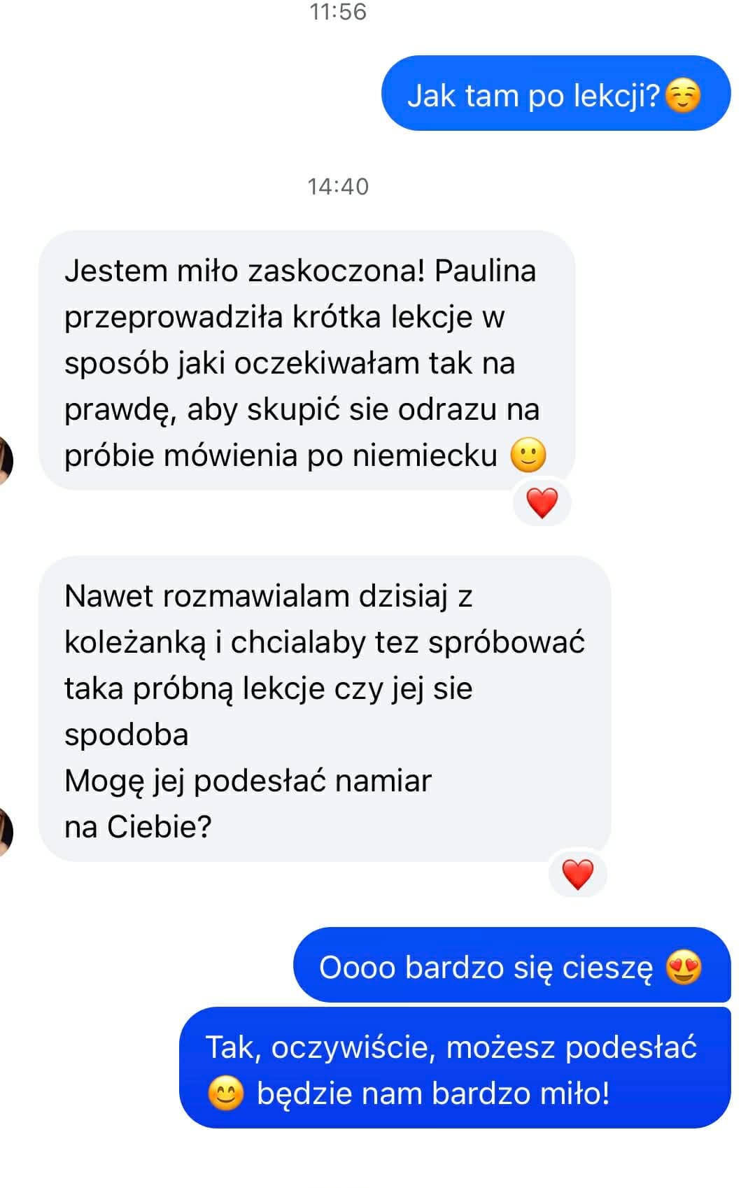 Zrzut ekranu z wiadomością od uczennicy Kasia
