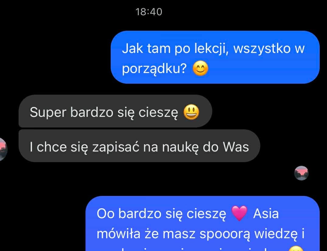 Zrzut ekranu z wiadomością od uczennicy Natalia