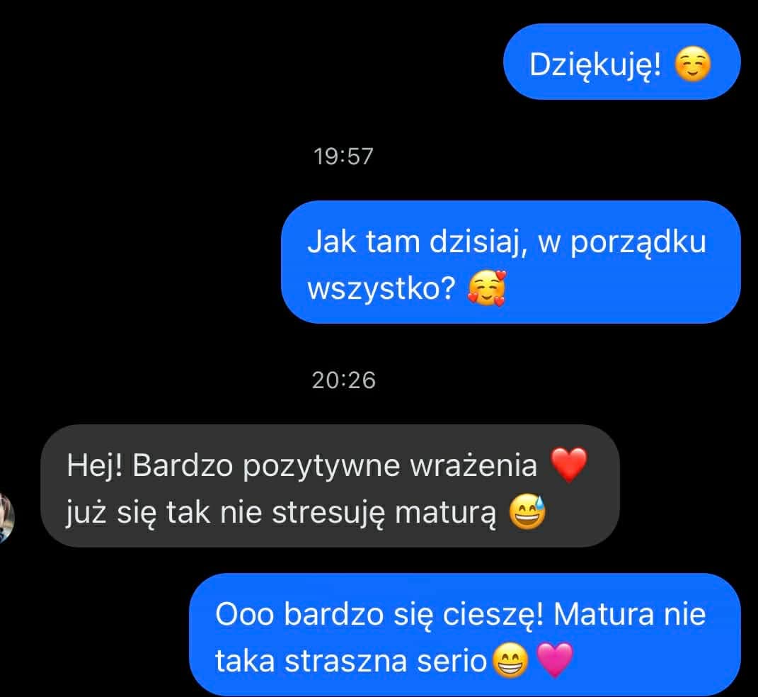 Zrzut ekranu z wiadomością od uczennicy Ola