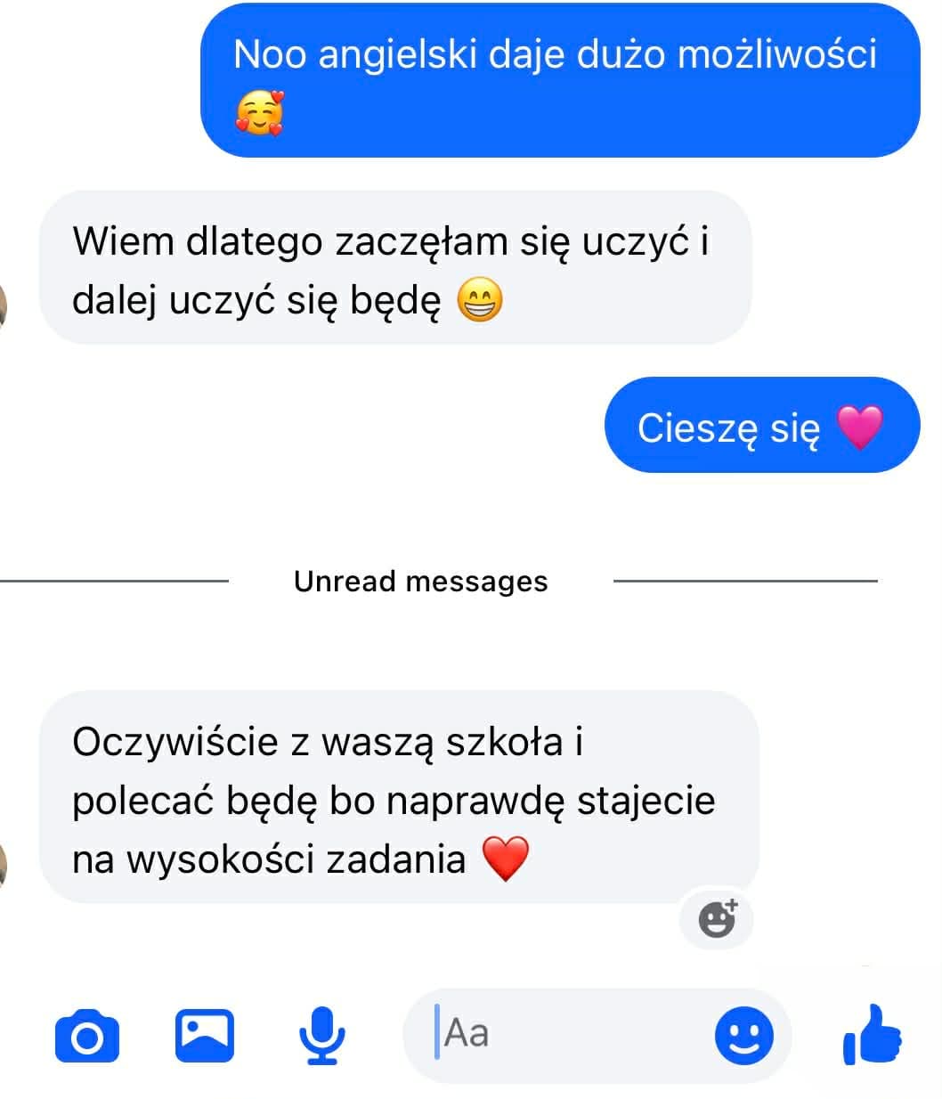 Zrzut ekranu z wiadomością od uczennicy Patrycja