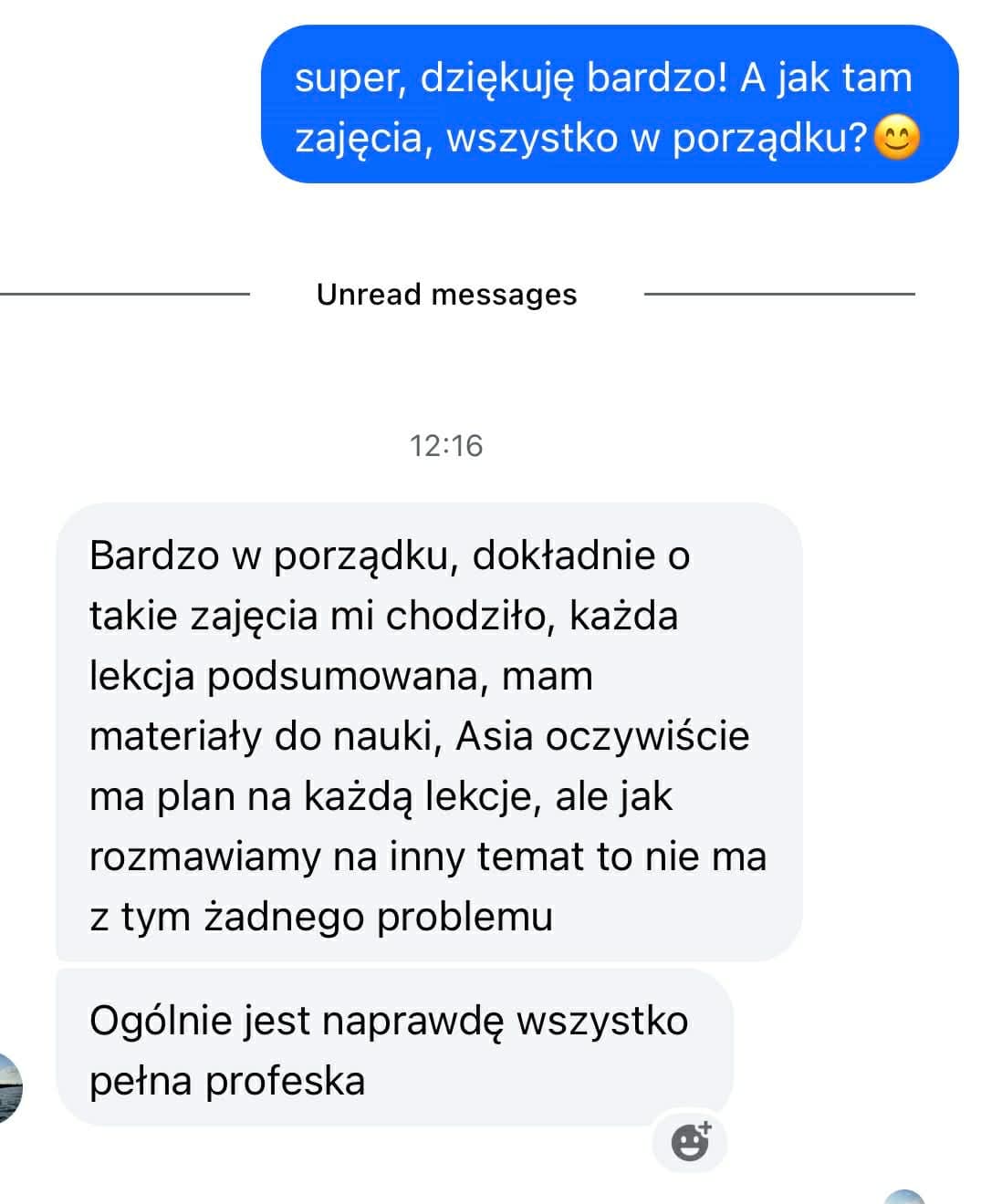 Zrzut ekranu z wiadomością od uczennicy Piotr