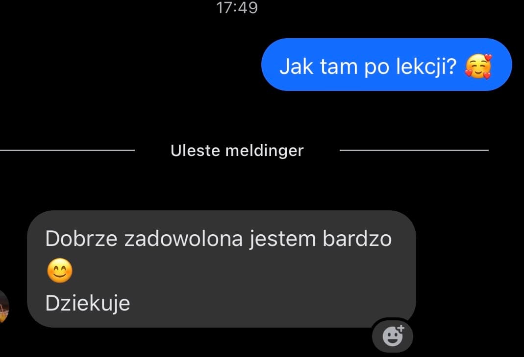Zrzut ekranu z wiadomością od uczennicy Karolina