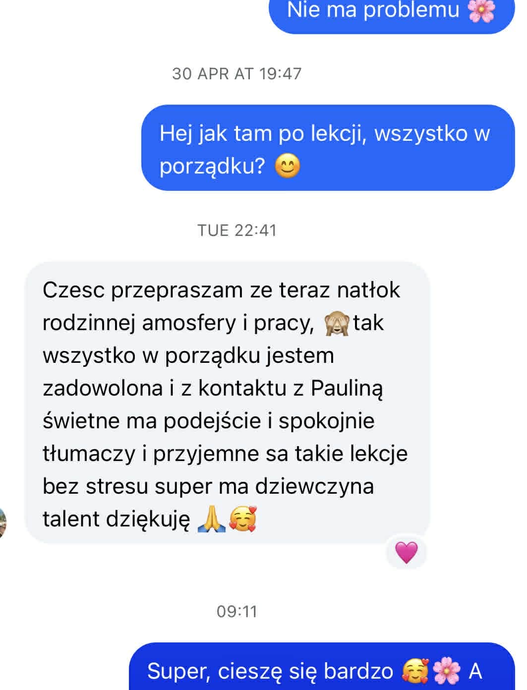 Zrzut ekranu z wiadomością od uczennicy Justyna