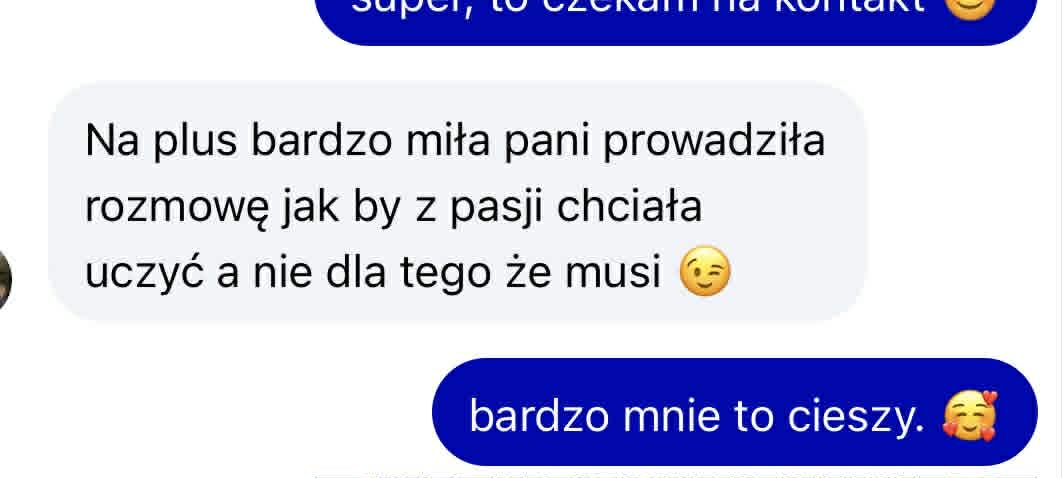Zrzut ekranu z wiadomością od uczennicy Zosia